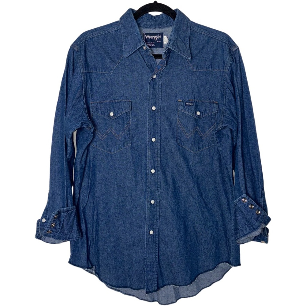Vintage WRANGLER Denim Long Sleeve Pearl Snap Button Shirt Dark Wash Size 16-33